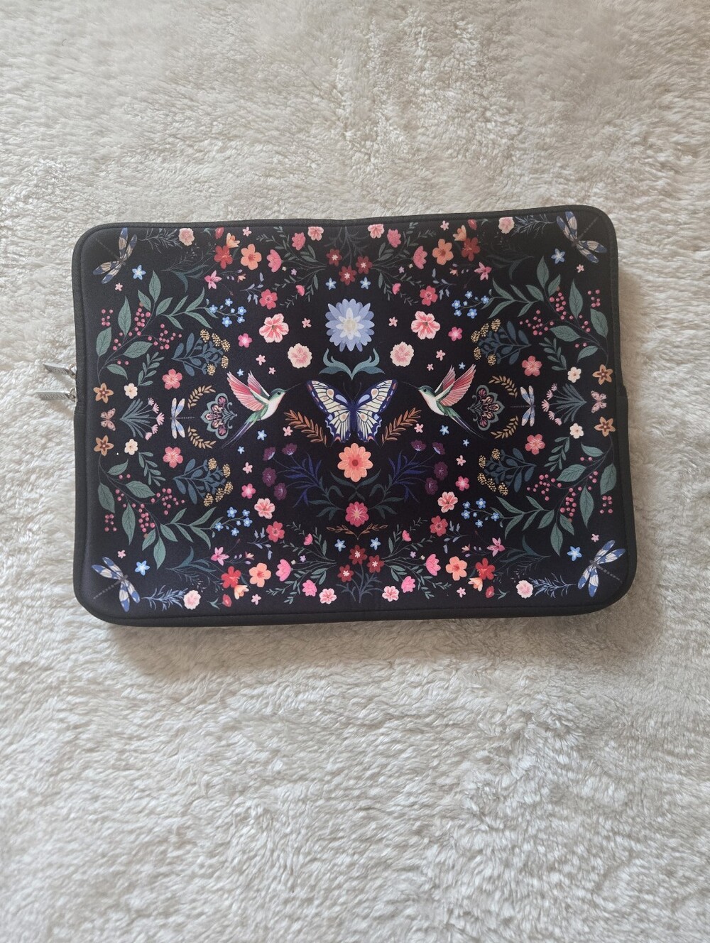 MOSISO Neoprene Black Floral Hummingbird Butterfly Laptop Case, ~11.5" x 15.5"